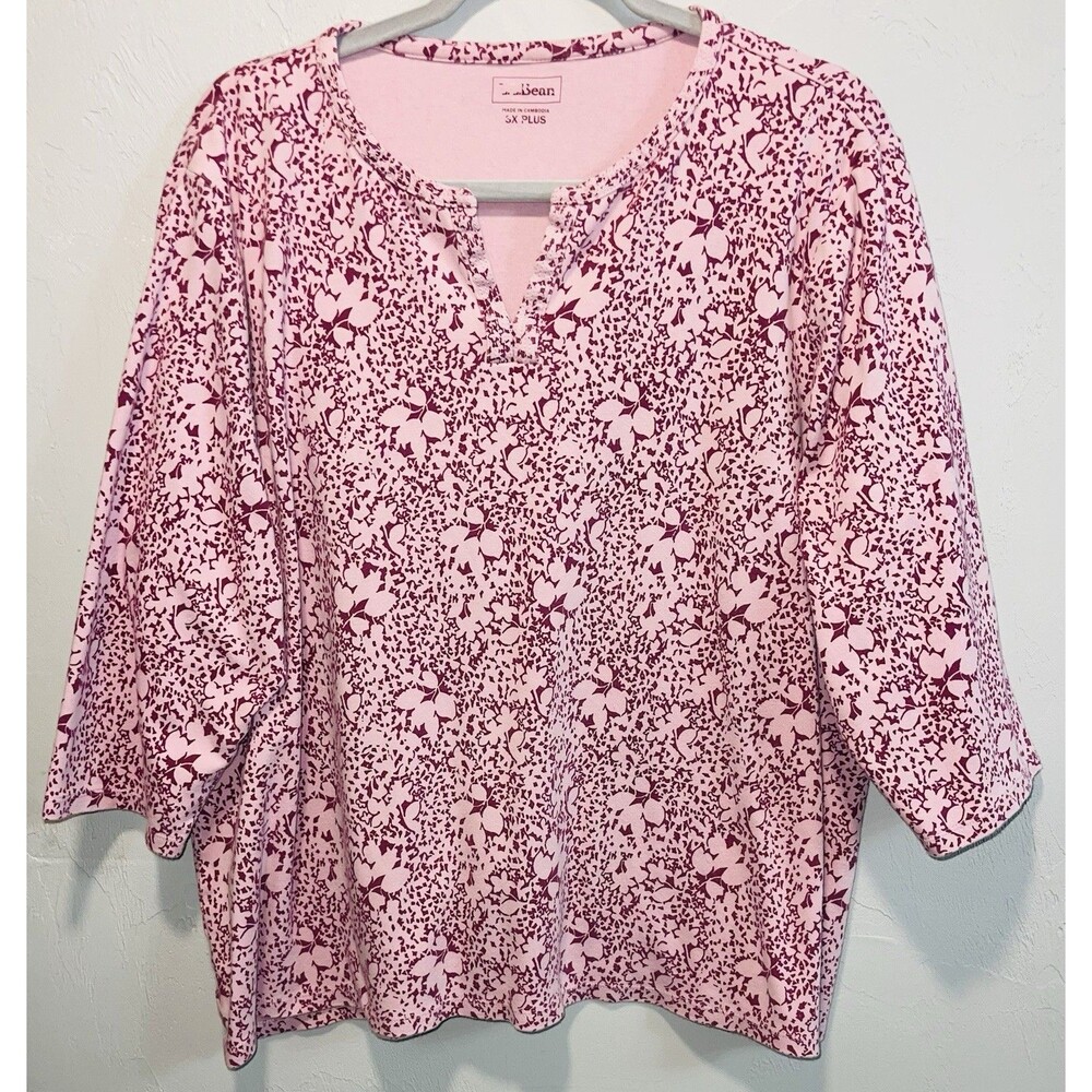 L.L.Bean 3X Plus Pink Floral Print Split Neck 3/4 Sleeve Cotton Knit Top